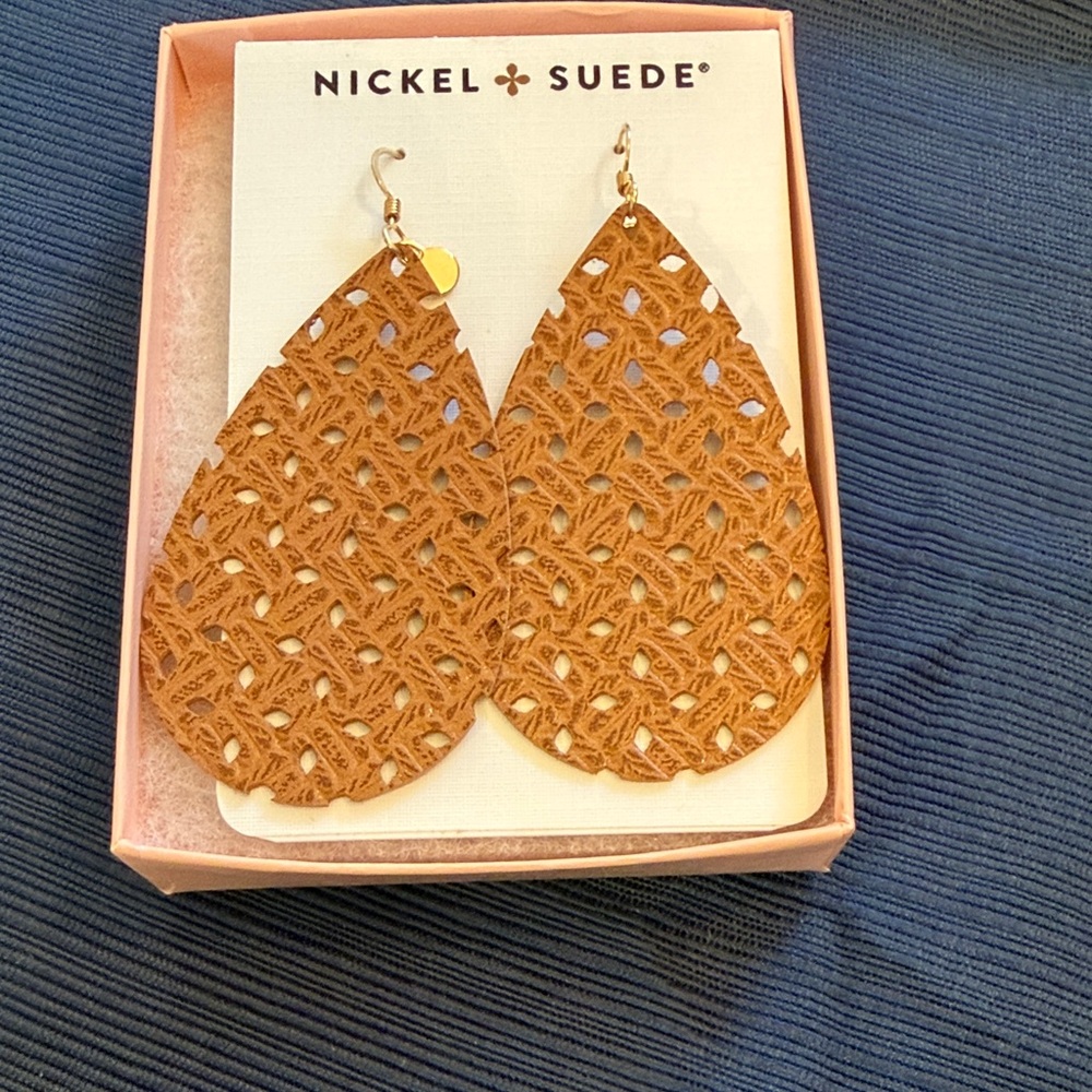 Wicker-style neutral leather Teardrop Earrings